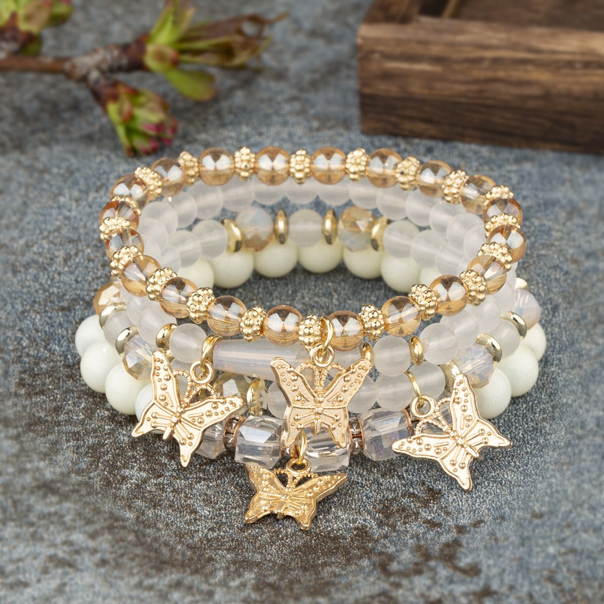 Fluttering Elegance: Bohemian Butterfly Crystal Multi-Layered Beaded Fashion Bracelet