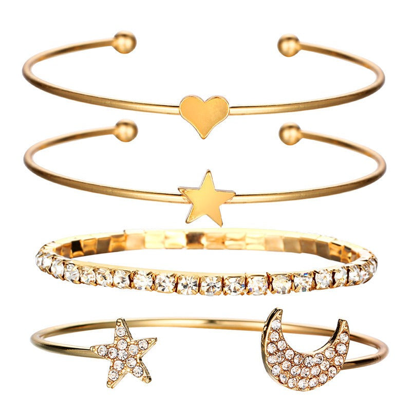 Celestial Elegance: Alloy Five Point Star Diamond Bracelet Moon Open Combination Set