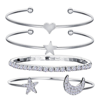 Celestial Elegance: Alloy Five Point Star Diamond Bracelet Moon Open Combination Set