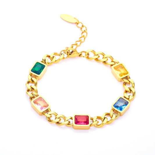 Radiant Harmony: 18K Gold Multicolored Long Gemstone Stainless Steel Bracelet
